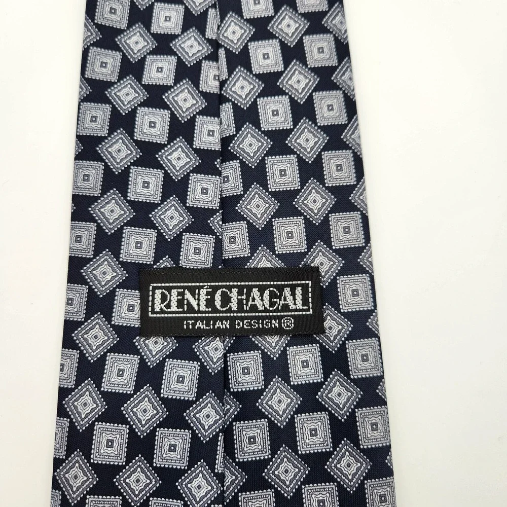 Rene Chagal Neck Tie Pointed Men's One Size Black White Printed 100% Silk Formal